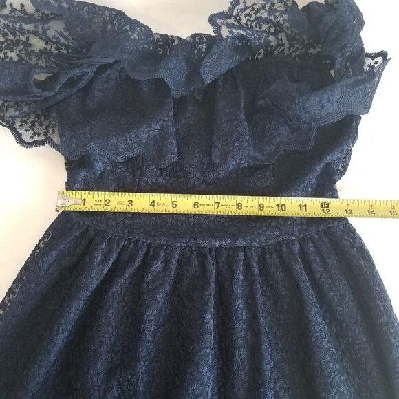 H&M Lace Off Shoulder Midi Dress Navy Blue SIZE 4 Spaghetti Strap Elastic - Picture 14 of 16